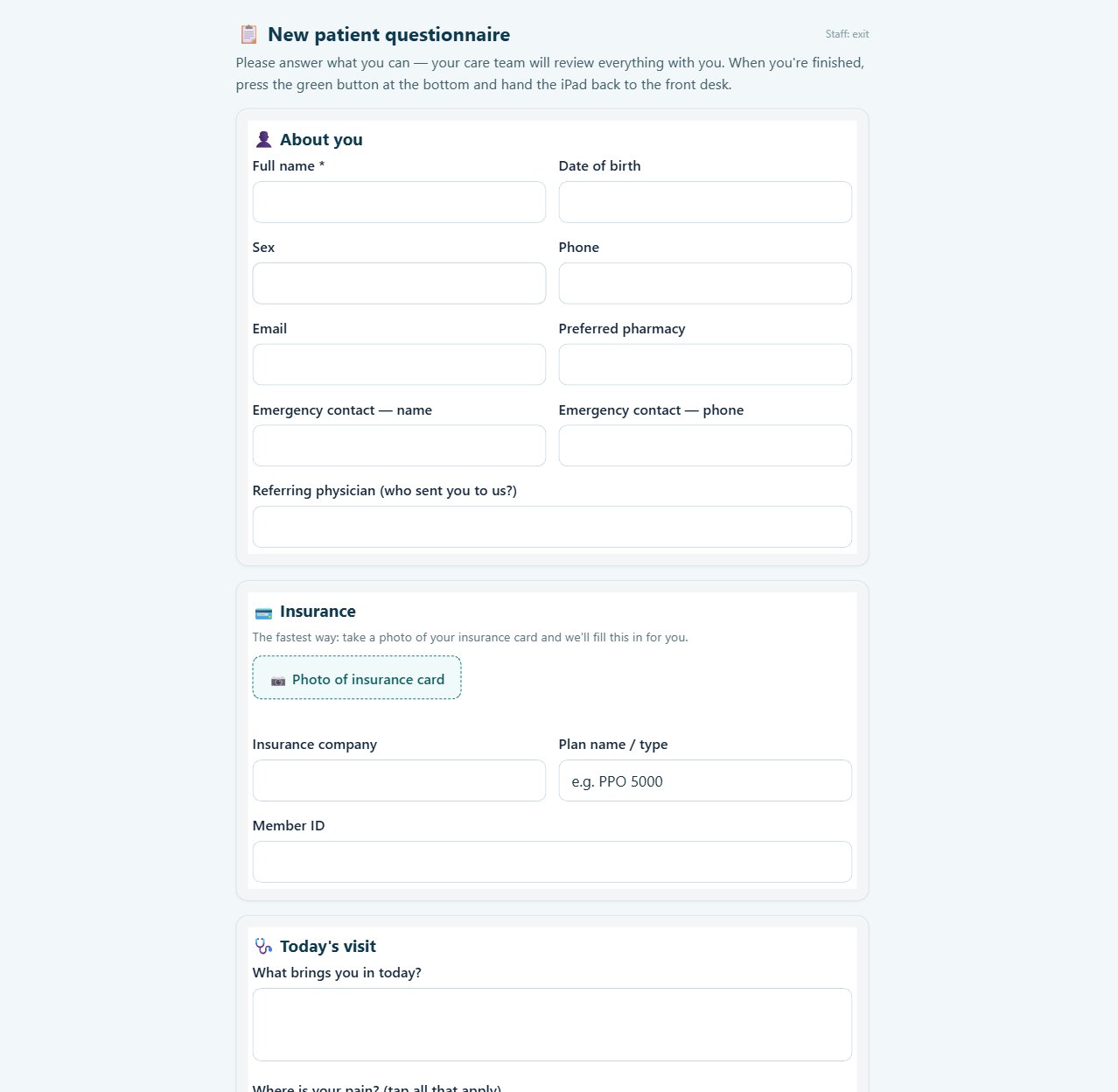 MLS iPad patient intake questionnaire with ODI, satisfaction questions and insurance-card photo capture