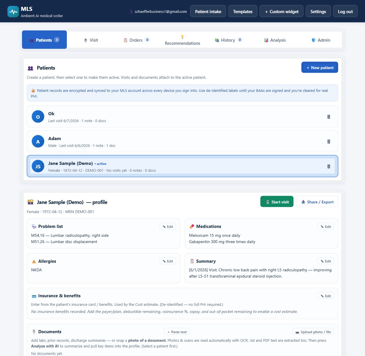 MLS patient profile and chart view with visit history, notes and outcome scores