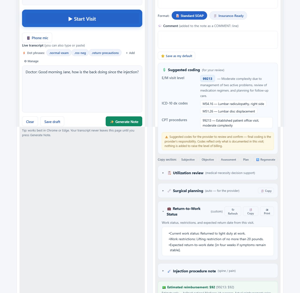 MLS visit page showing a generated SOAP note with suggested E/M, ICD-10 and CPT coding alongside an auto-filled custom widget card
