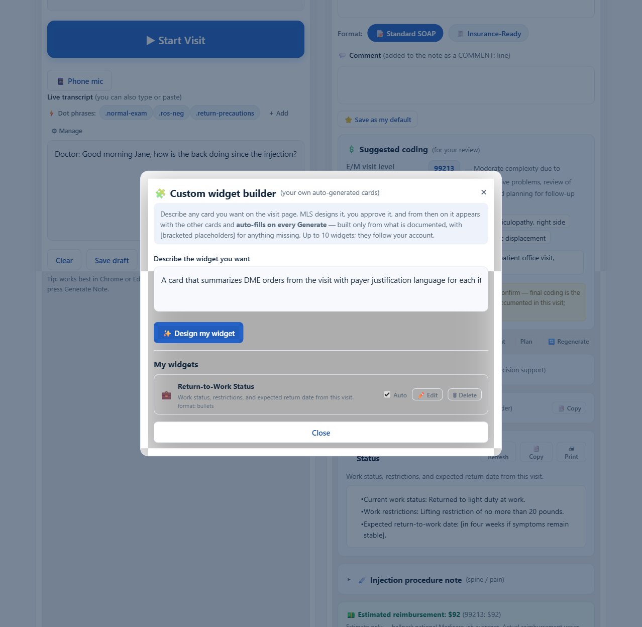 MLS Custom Widget Builder modal where the doctor describes a card in plain English and the AI designs it